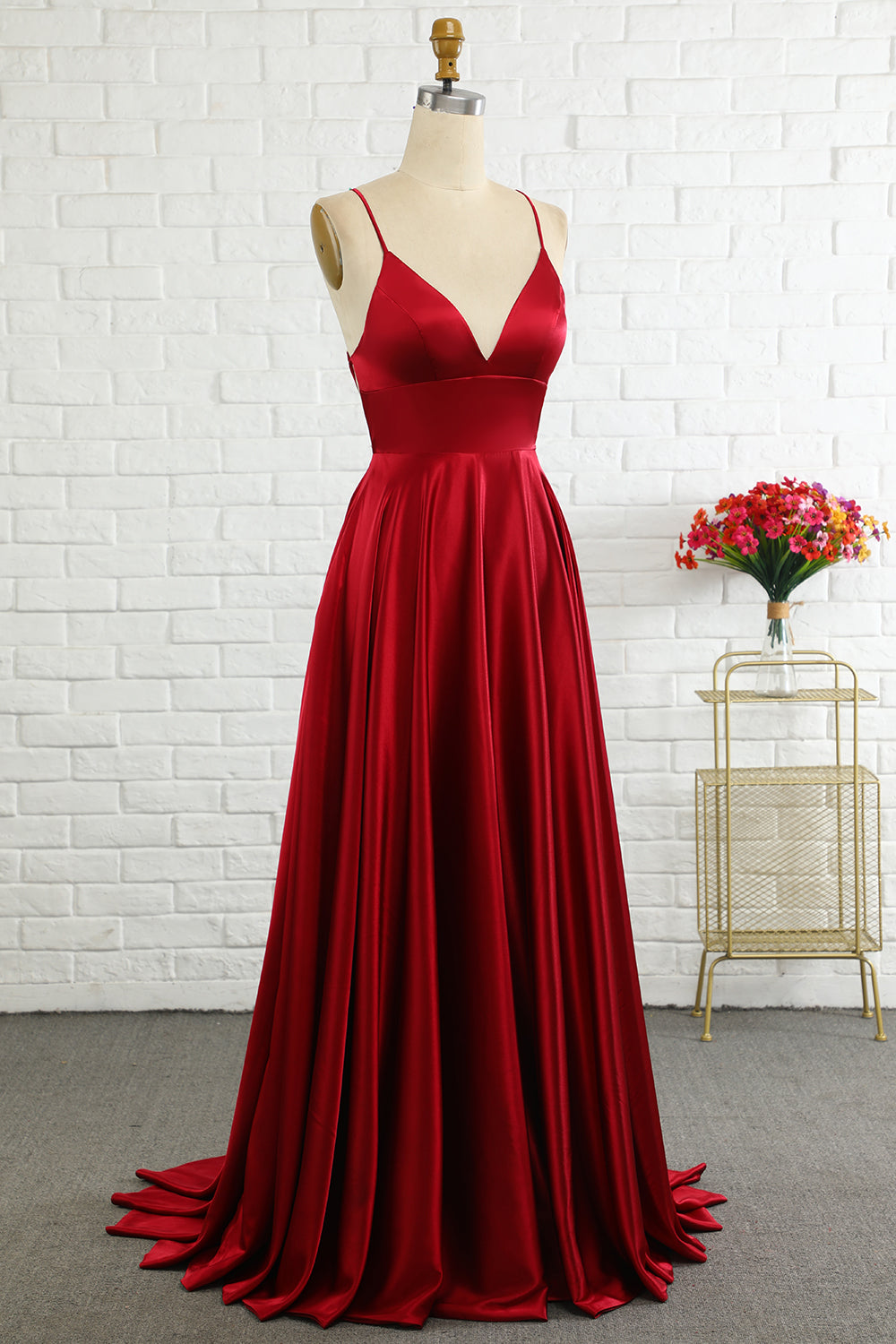 Simple A Line Spaghetti Straps Burgundy Long Bridesmaid Dress with Cirss Cross Back - Fashionpara