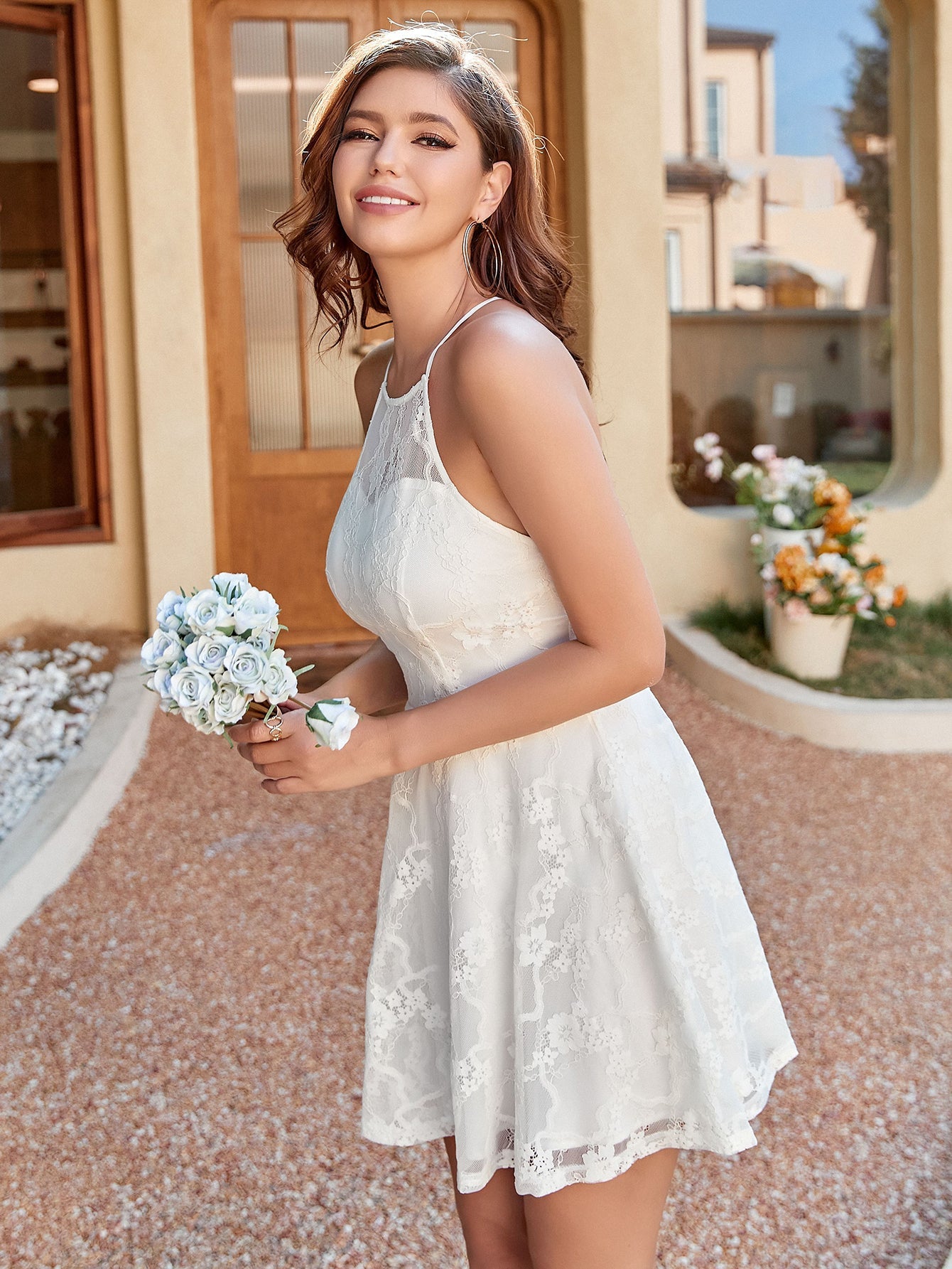 A Line White Halter Lace Short Graduation Party Dress - Fashionpara