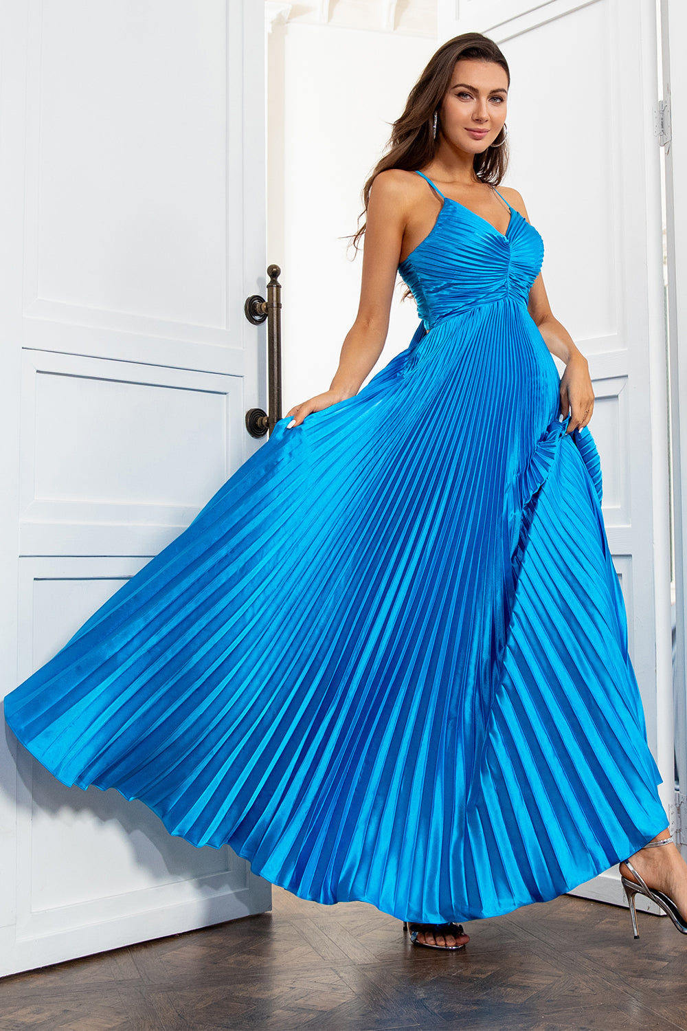 A Line Spaghetti Straps Lake Blue Long Prom Dress - Fashionpara