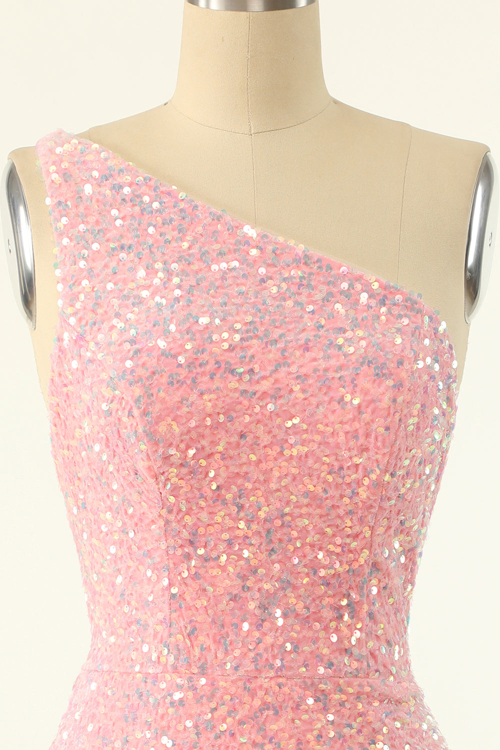 Pink One Shoulder Sequins Tight Homecoming Dress - Fashionpara