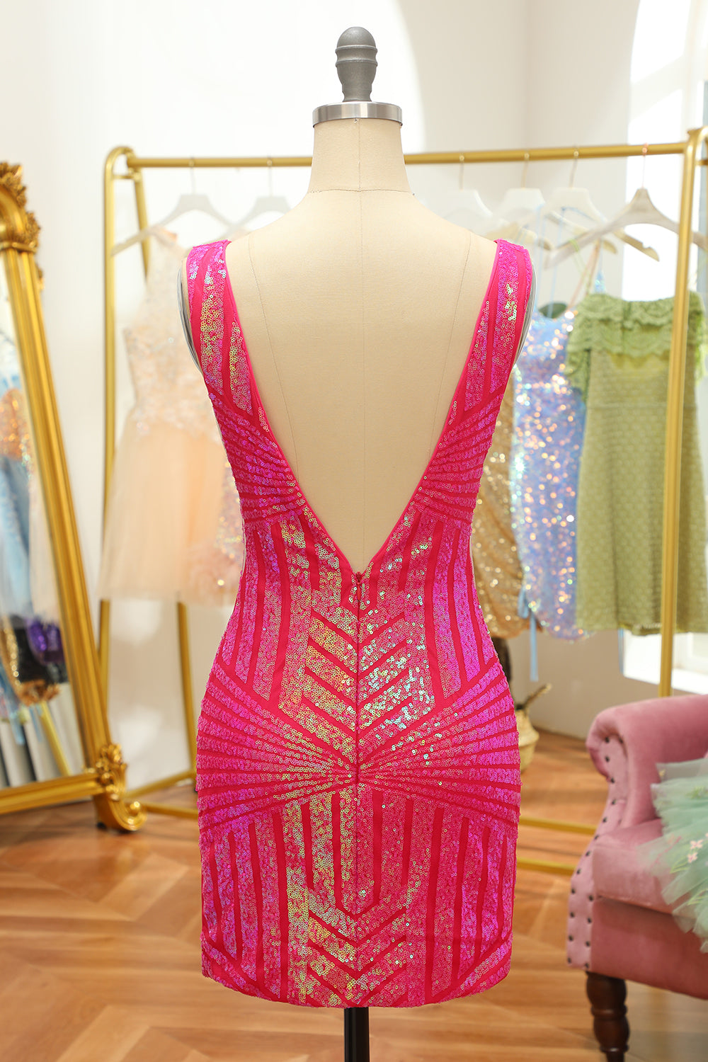 Fuchsia Sequins V-Neck Tight Homecoming Dress