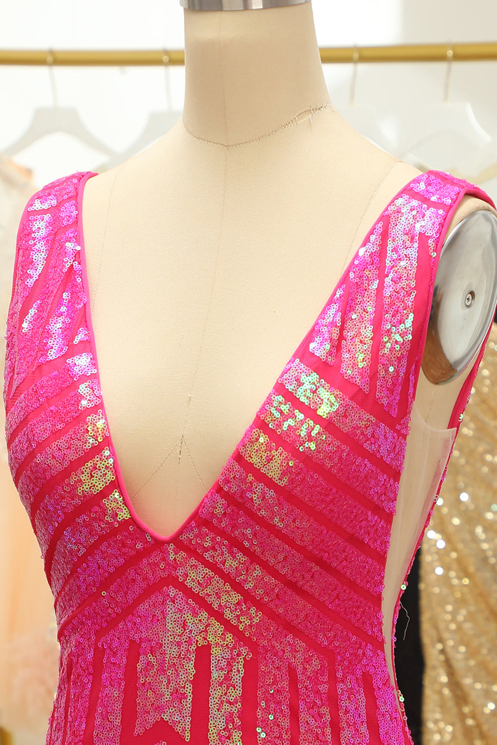 Fuchsia Sequins V-Neck Tight Homecoming Dress