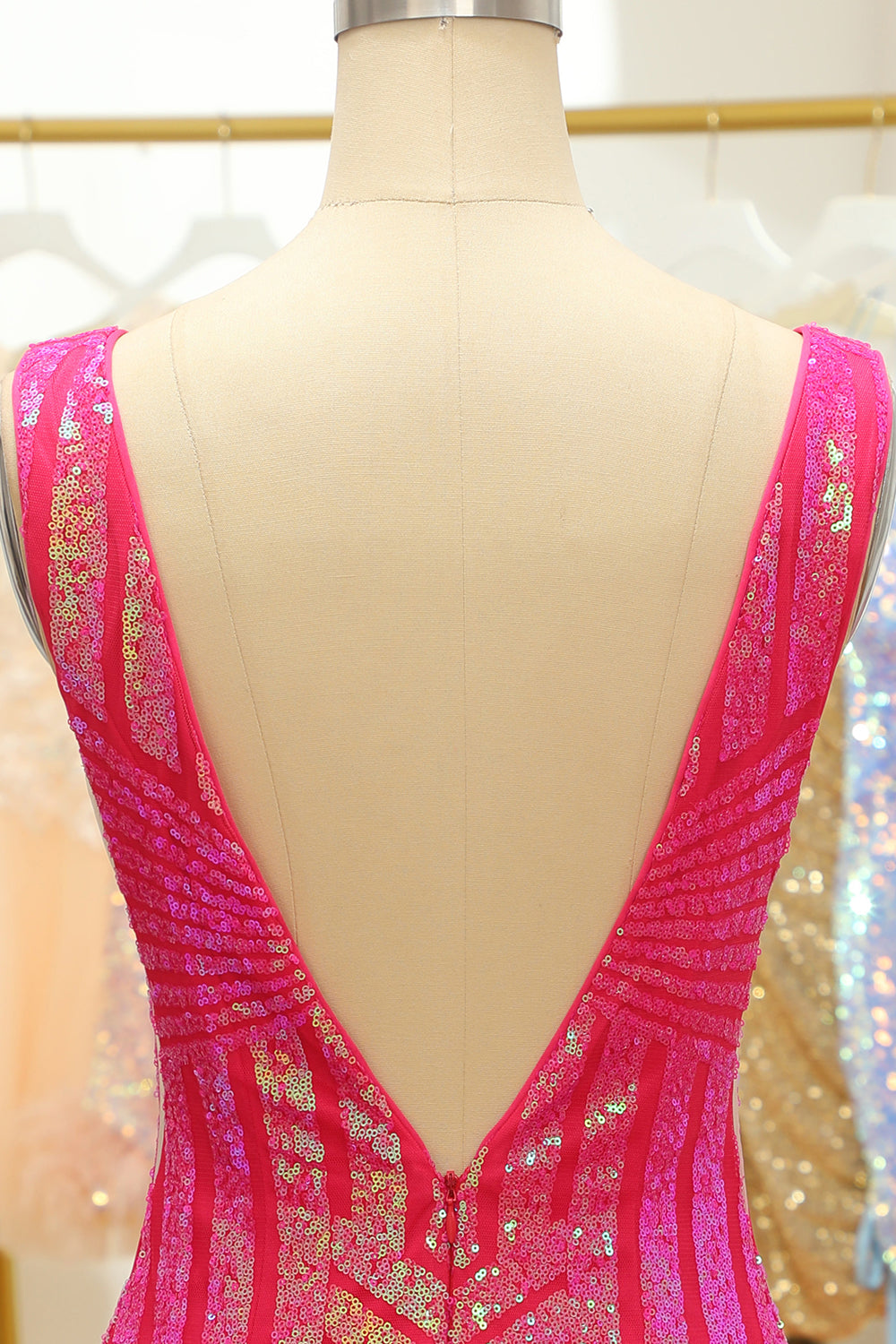 Fuchsia Sequins V-Neck Tight Homecoming Dress