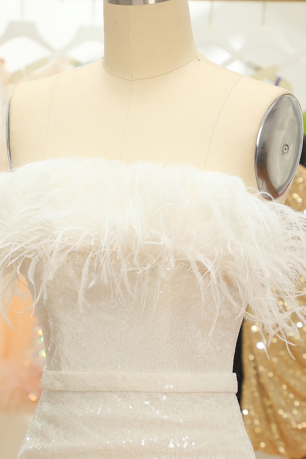 White Strapless Homecoming Dress with Feathers