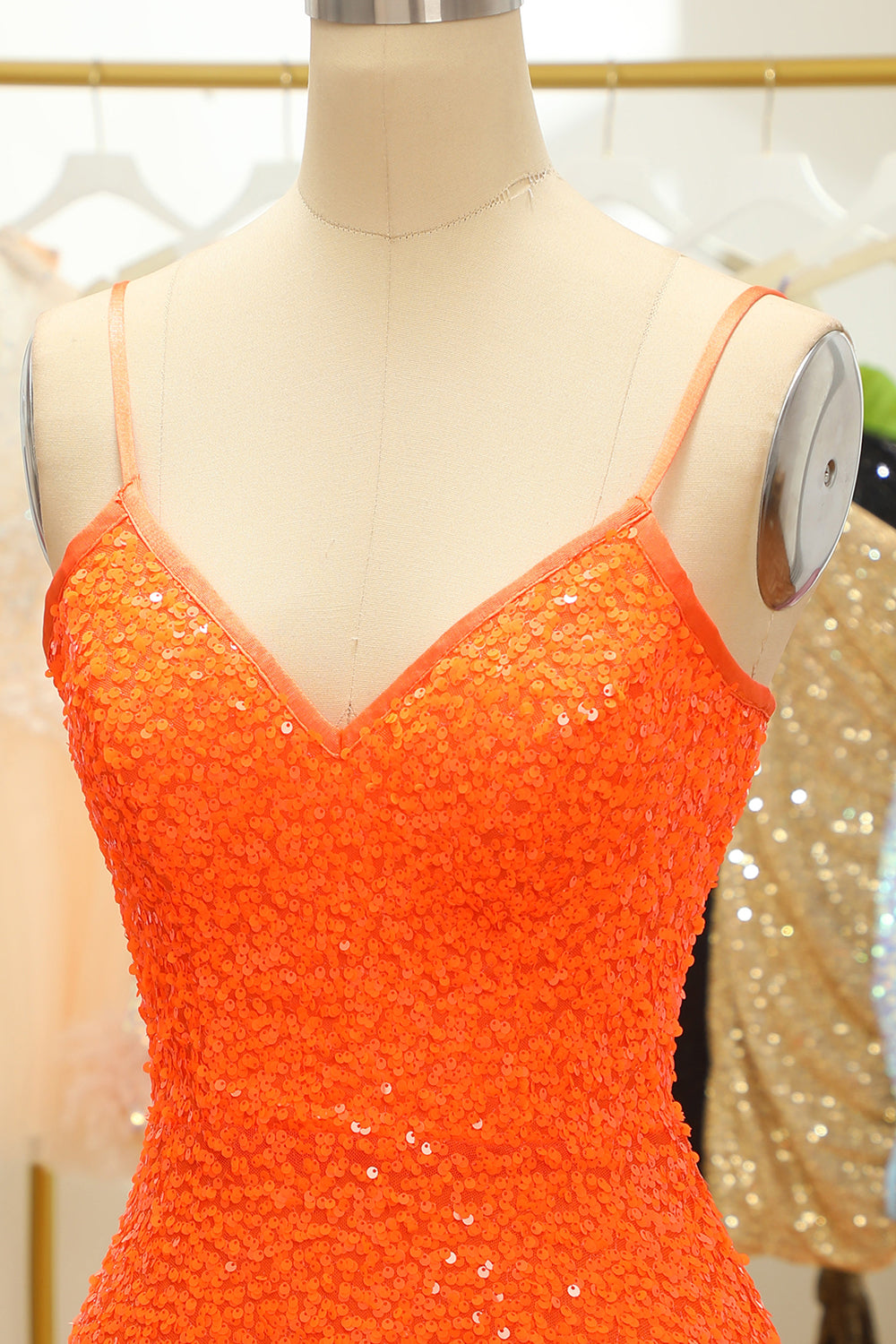 Sequined Orange Lace-Up Homecoming Dress