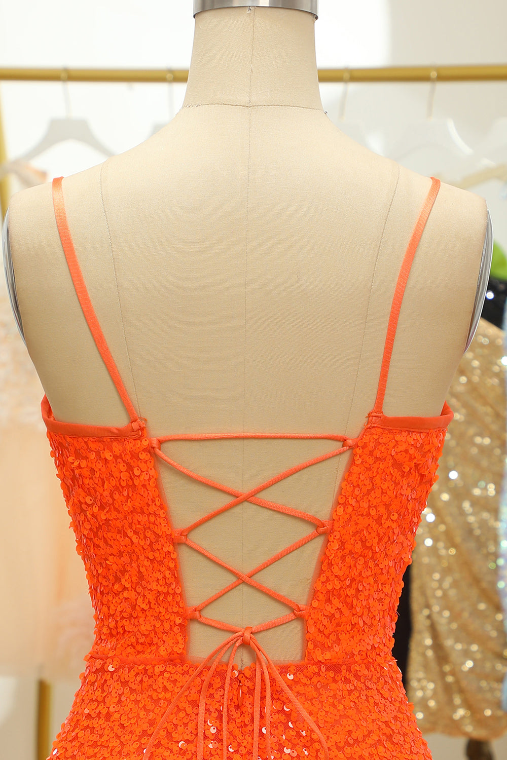 Sequined Orange Lace-Up Homecoming Dress
