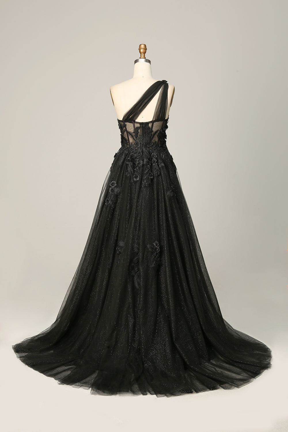 A Line One Shoulder Black Long Prom Dress with Appliques - Fashionpara