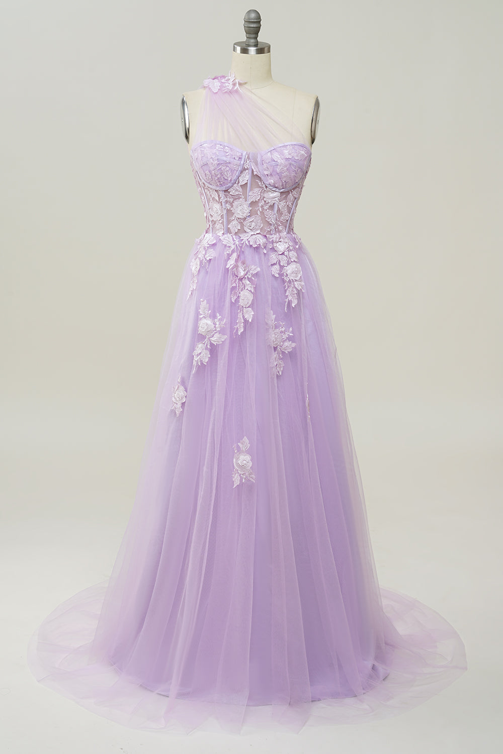 Sky Blue A Line One Shoulder Long Prom Dress with Appliques - Fashionpara