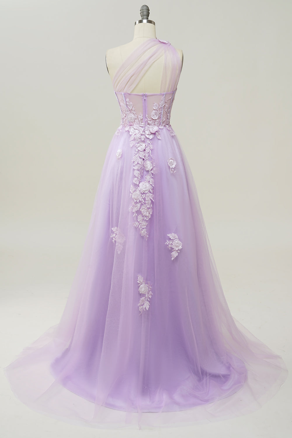 Sky Blue A Line One Shoulder Long Prom Dress with Appliques - Fashionpara
