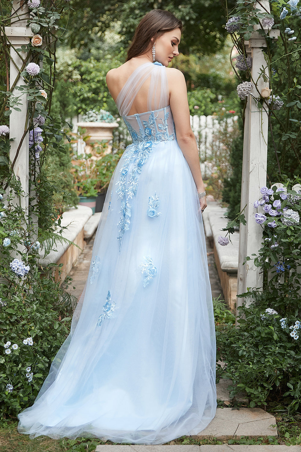 Sky Blue A Line One Shoulder Long Prom Dress with Appliques - Fashionpara