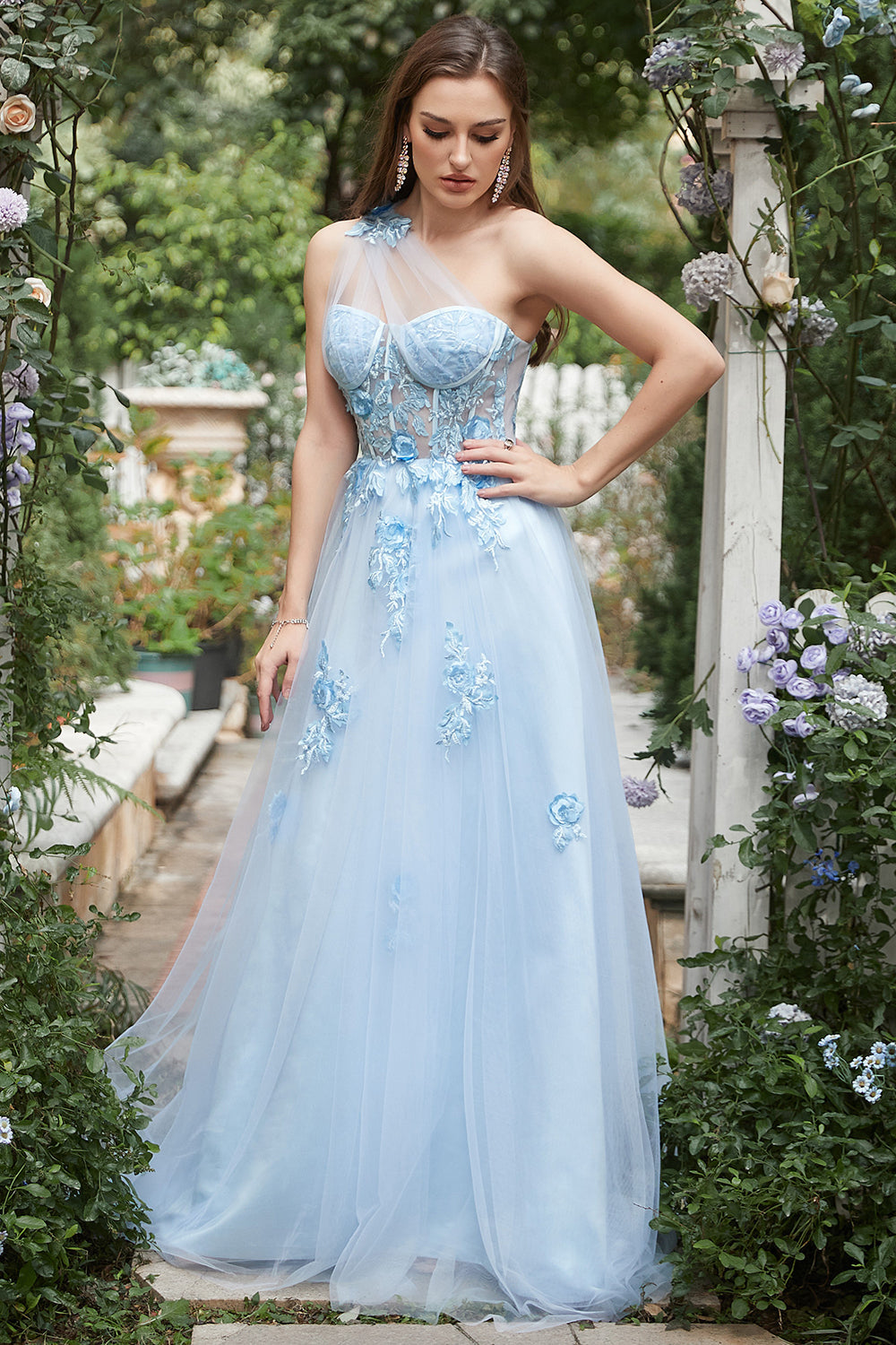 Sky Blue A Line One Shoulder Long Prom Dress with Appliques - Fashionpara