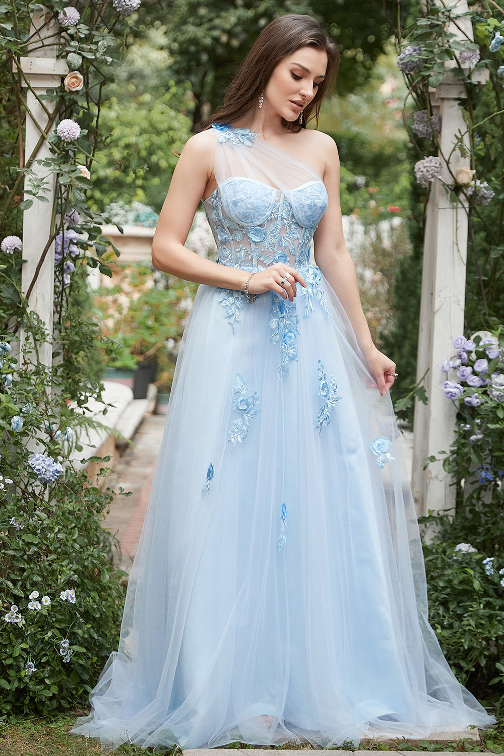 Sky Blue A Line One Shoulder Long Prom Dress with Appliques - Fashionpara