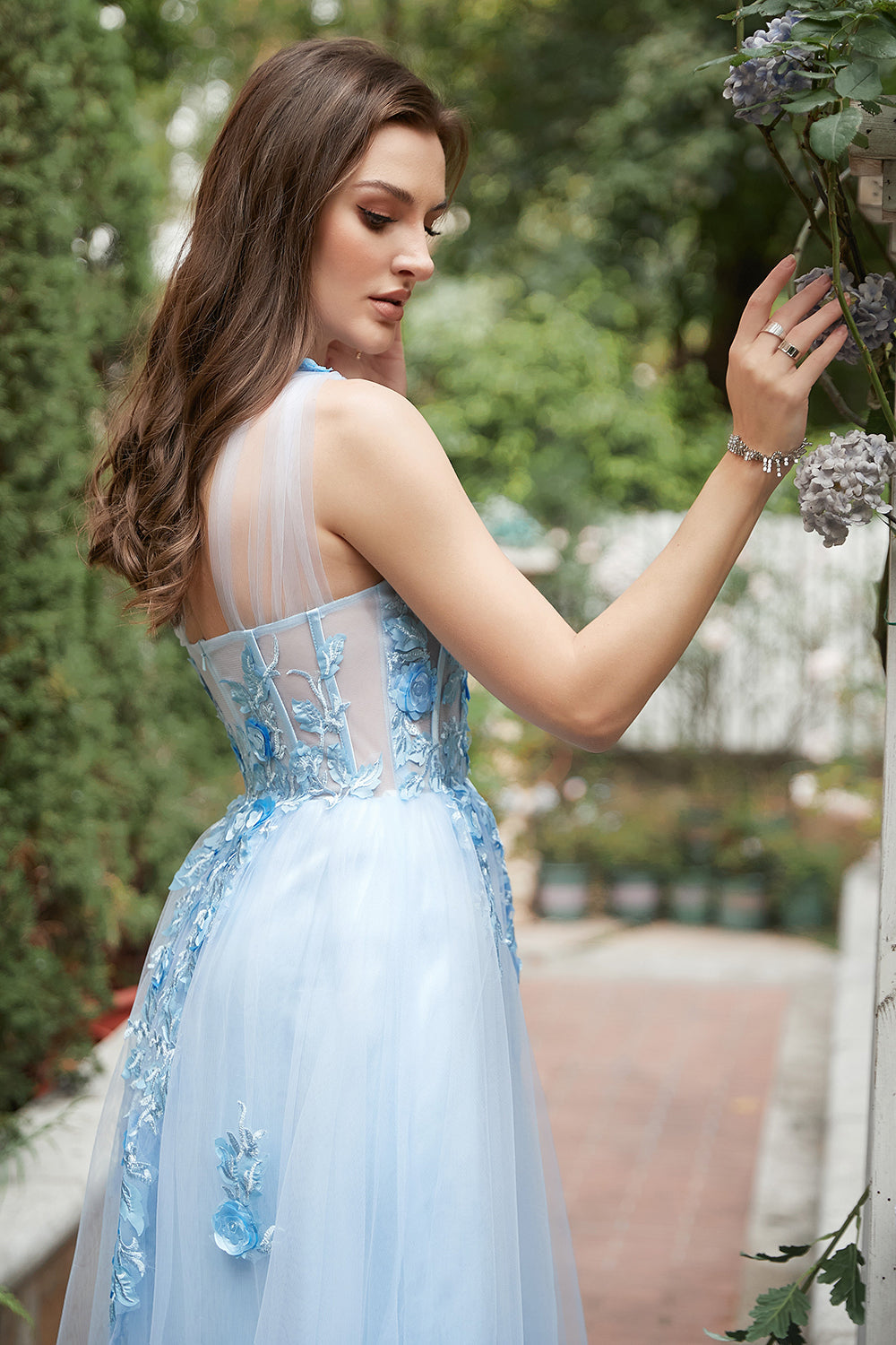 Sky Blue A Line One Shoulder Long Prom Dress with Appliques - Fashionpara