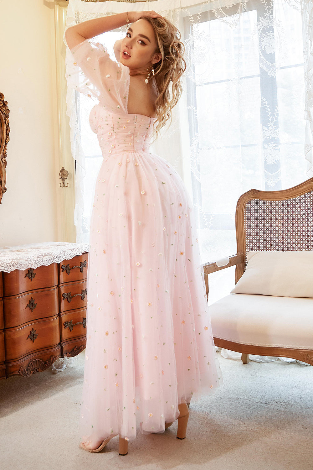 A Line Off the Shoulder Blush Plus Size Prom Dress with Embroidery - Fashionpara