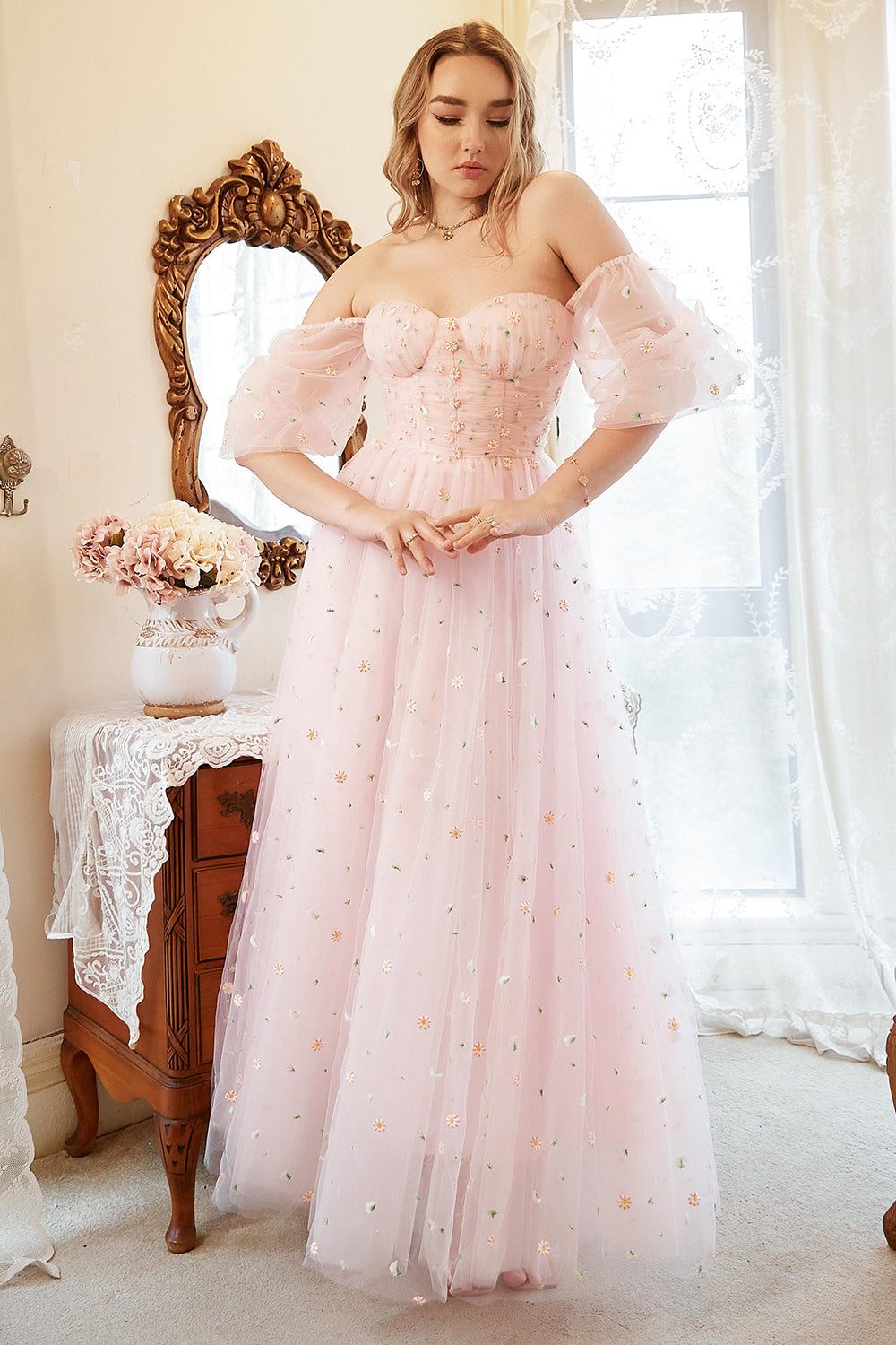A Line Off the Shoulder Blush Plus Size Prom Dress with Embroidery - Fashionpara
