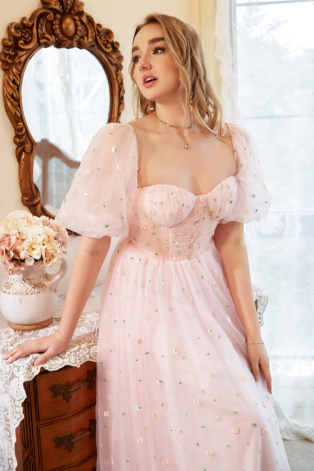 A Line Off the Shoulder Blush Plus Size Prom Dress with Embroidery - Fashionpara