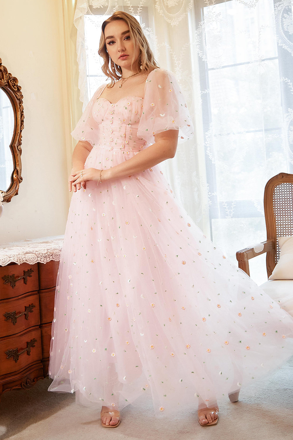 A Line Off the Shoulder Blush Plus Size Prom Dress with Embroidery - Fashionpara