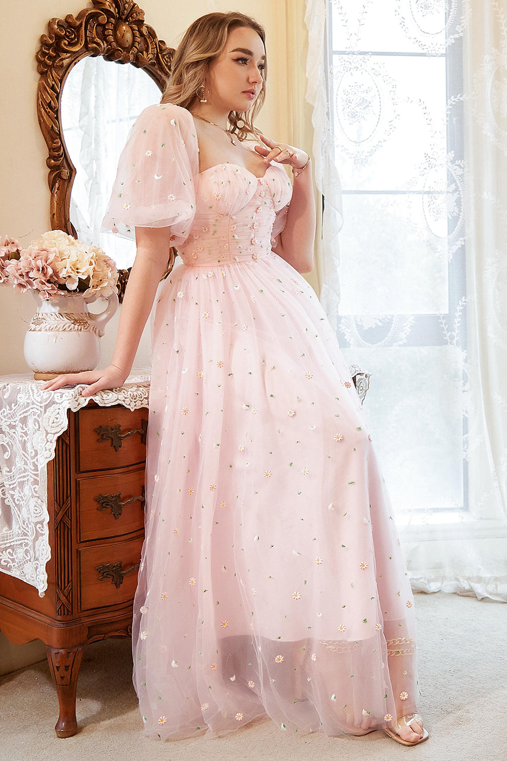A Line Off the Shoulder Blush Plus Size Prom Dress with Embroidery - Fashionpara