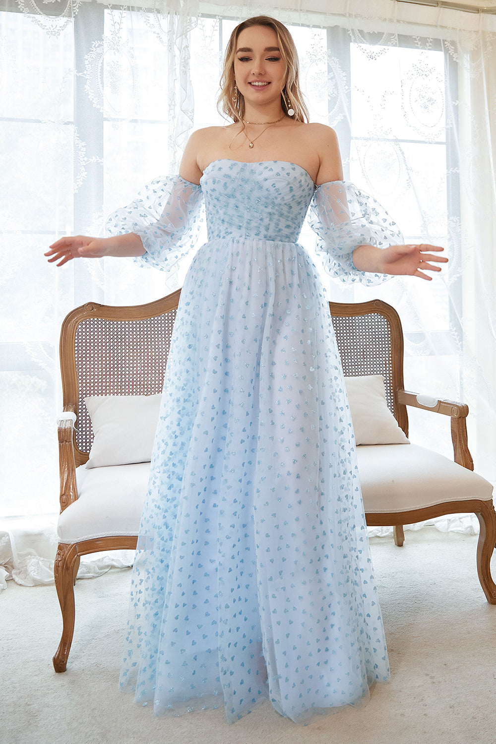 A Line Strapless Blue Printed Plus Size Prom Dress with Half Sleeves - Fashionpara
