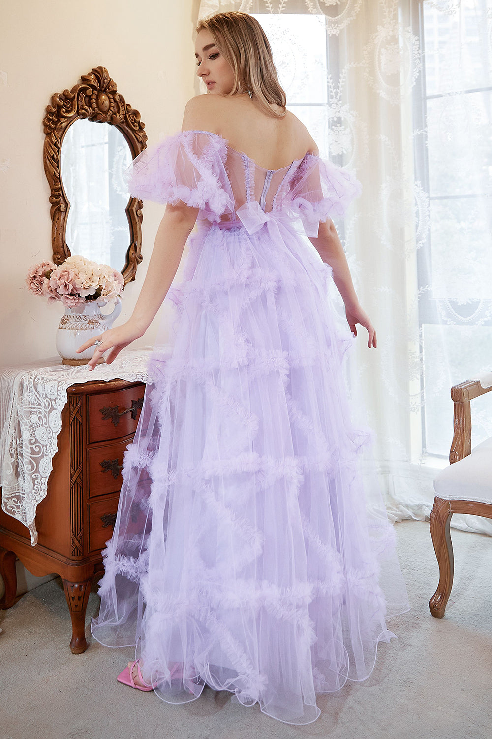 A Line Off the Shoulder Purple Corset Plus Size Prom Dress with Bowknot - Fashionpara