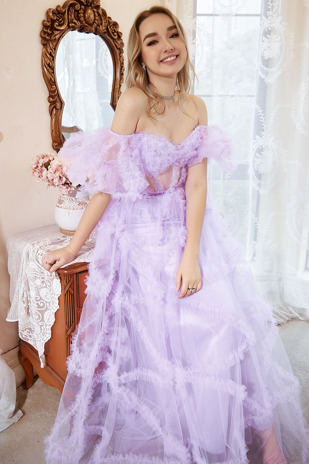 A Line Off the Shoulder Purple Corset Plus Size Prom Dress with Bowknot - Fashionpara