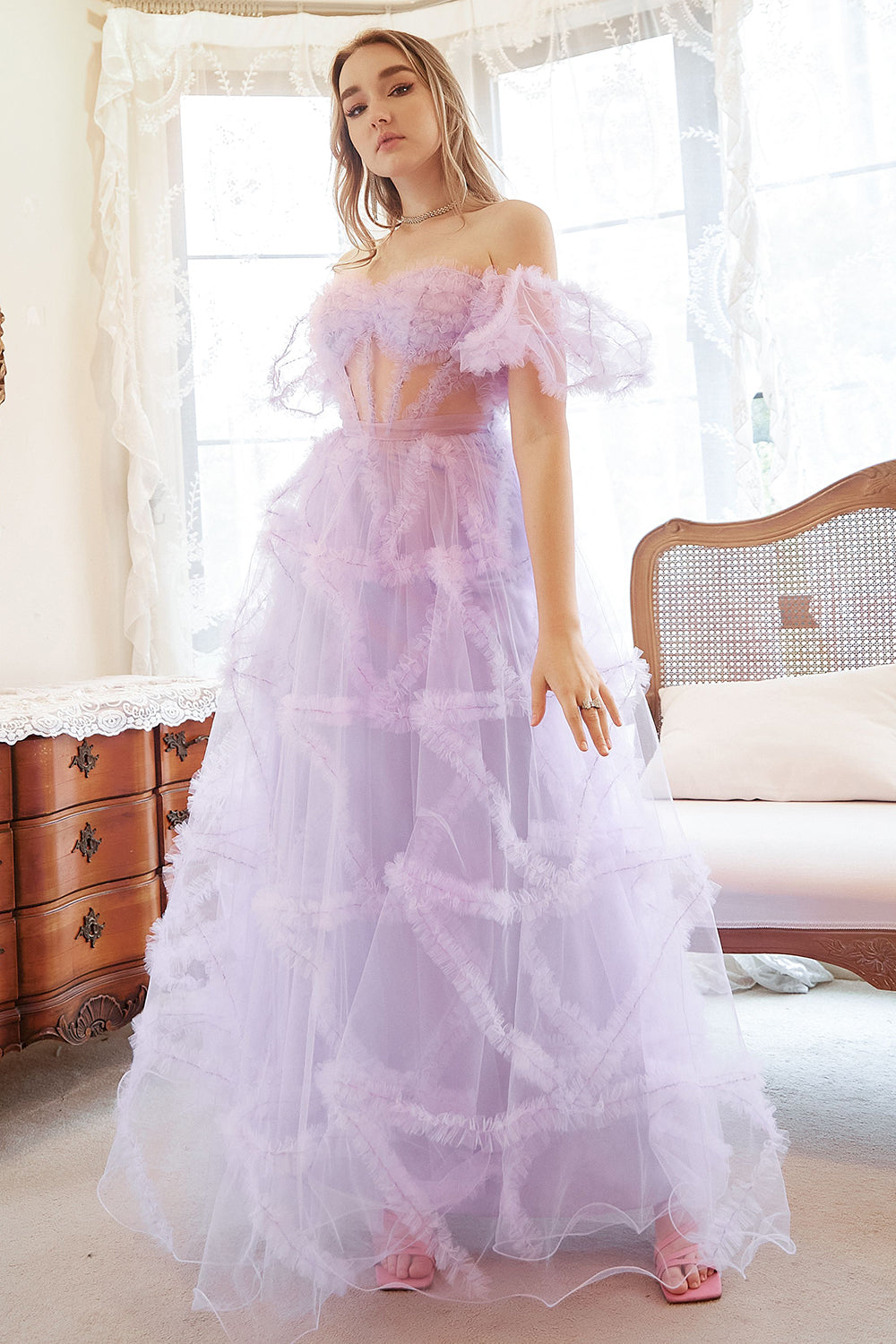 A Line Off the Shoulder Purple Corset Plus Size Prom Dress with Bowknot - Fashionpara