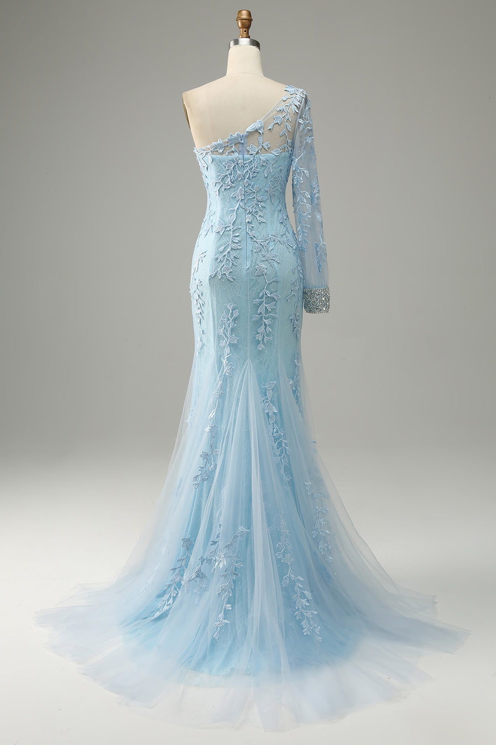 Sky Blue One Shoulder Mermaid Prom Dress With Appliques - Fashionpara