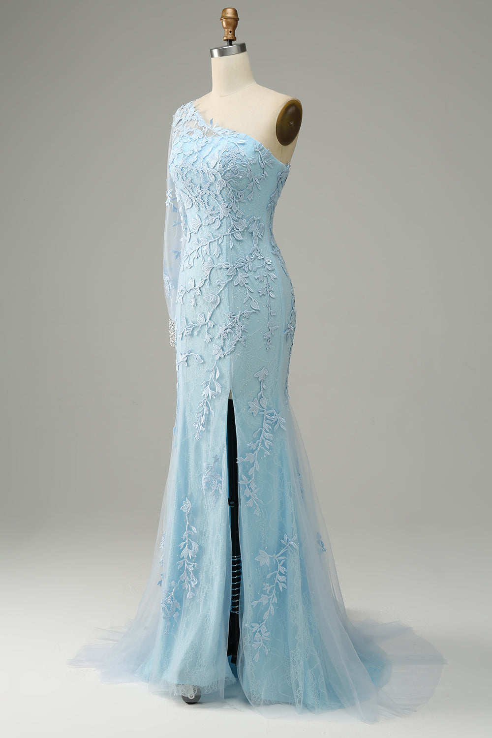 Sky Blue One Shoulder Mermaid Prom Dress With Appliques - Fashionpara