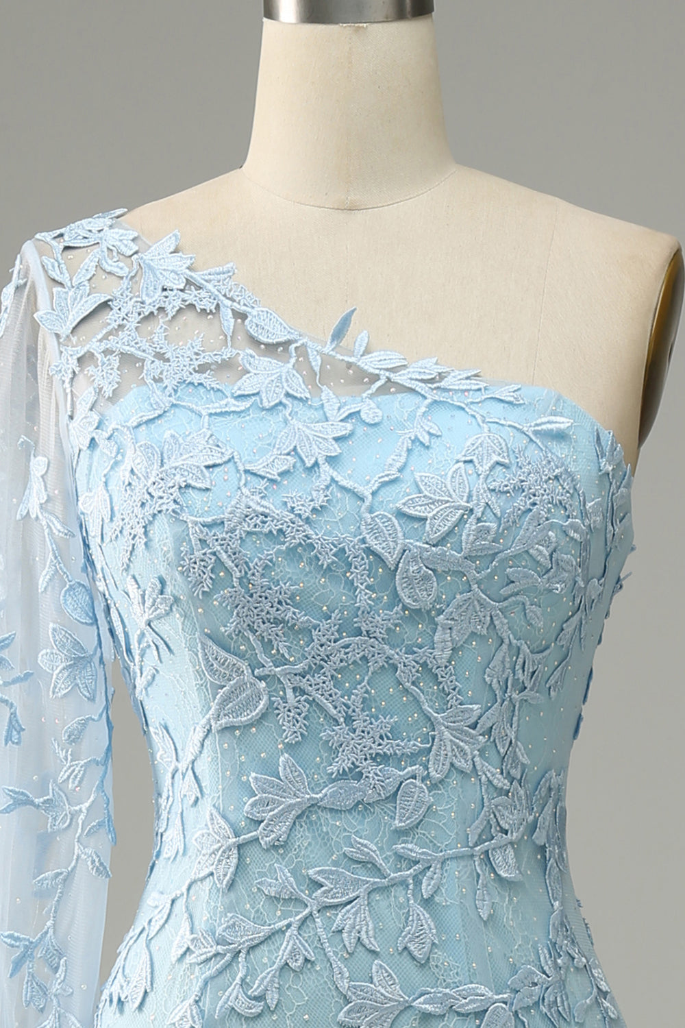 Sky Blue One Shoulder Mermaid Prom Dress With Appliques - Fashionpara