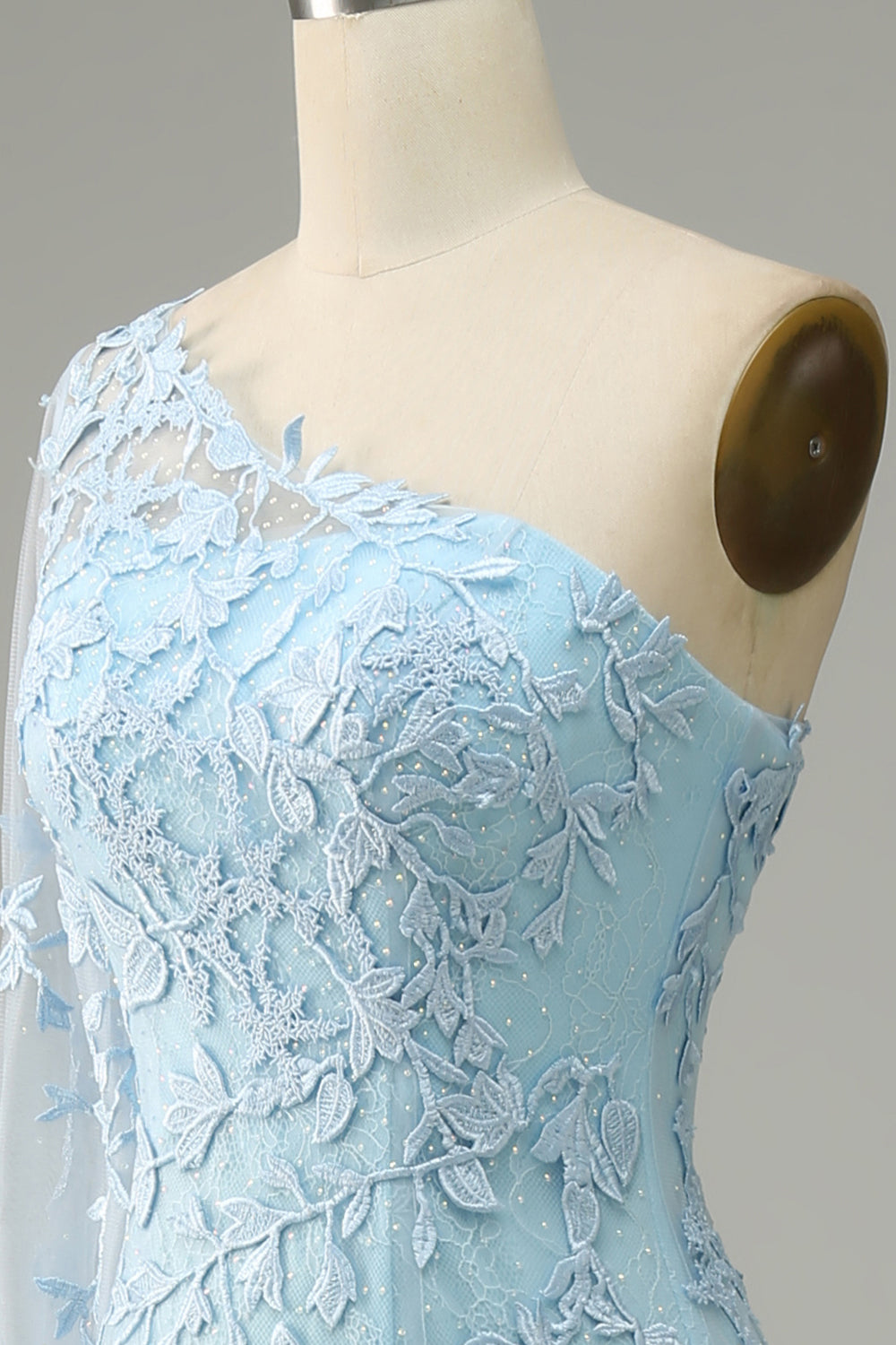 Sky Blue One Shoulder Mermaid Prom Dress With Appliques - Fashionpara