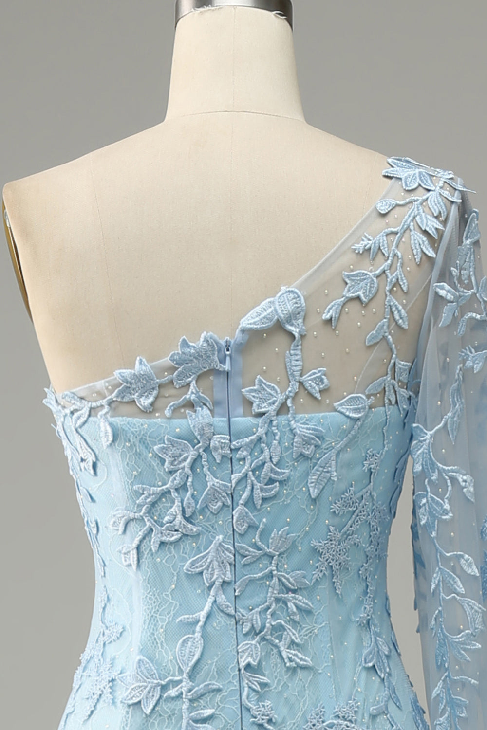 Sky Blue One Shoulder Mermaid Prom Dress With Appliques - Fashionpara