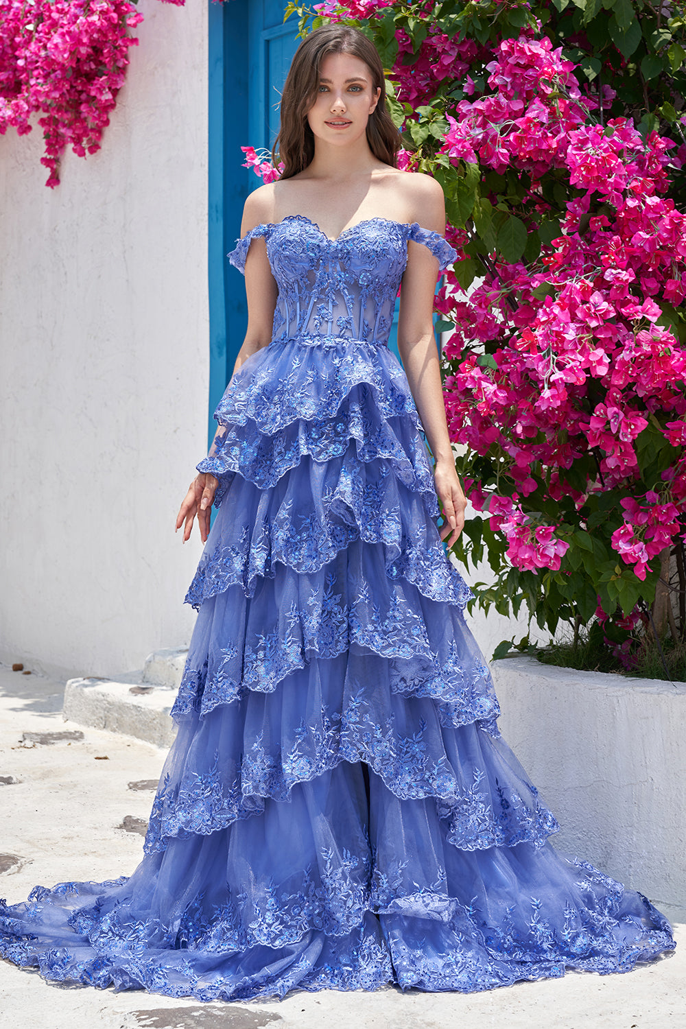 Sparkly A Line Long Off The Shoulder Sequin Black Tiered Long Prom Dress with Slit - Fashionpara