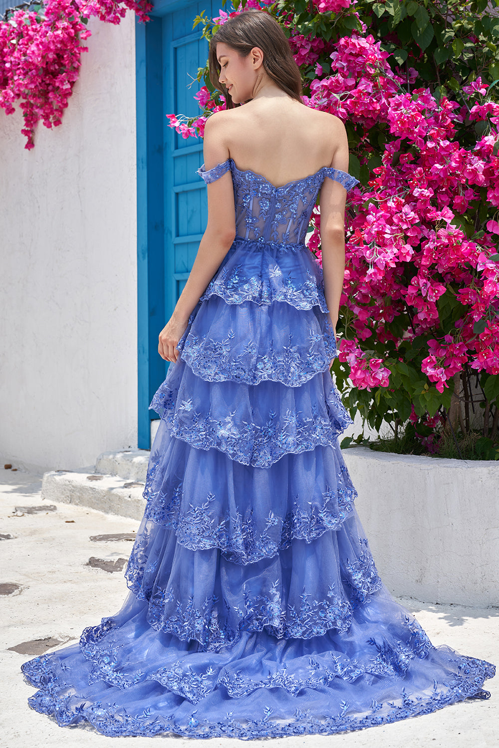 Sparkly A Line Long Off The Shoulder Sequin Black Tiered Long Prom Dress with Slit - Fashionpara