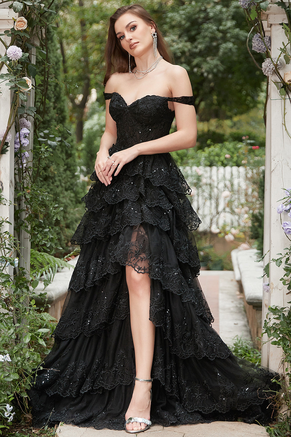 Sparkly A Line Long Off The Shoulder Sequin Black Tiered Long Prom Dress with Slit - Fashionpara