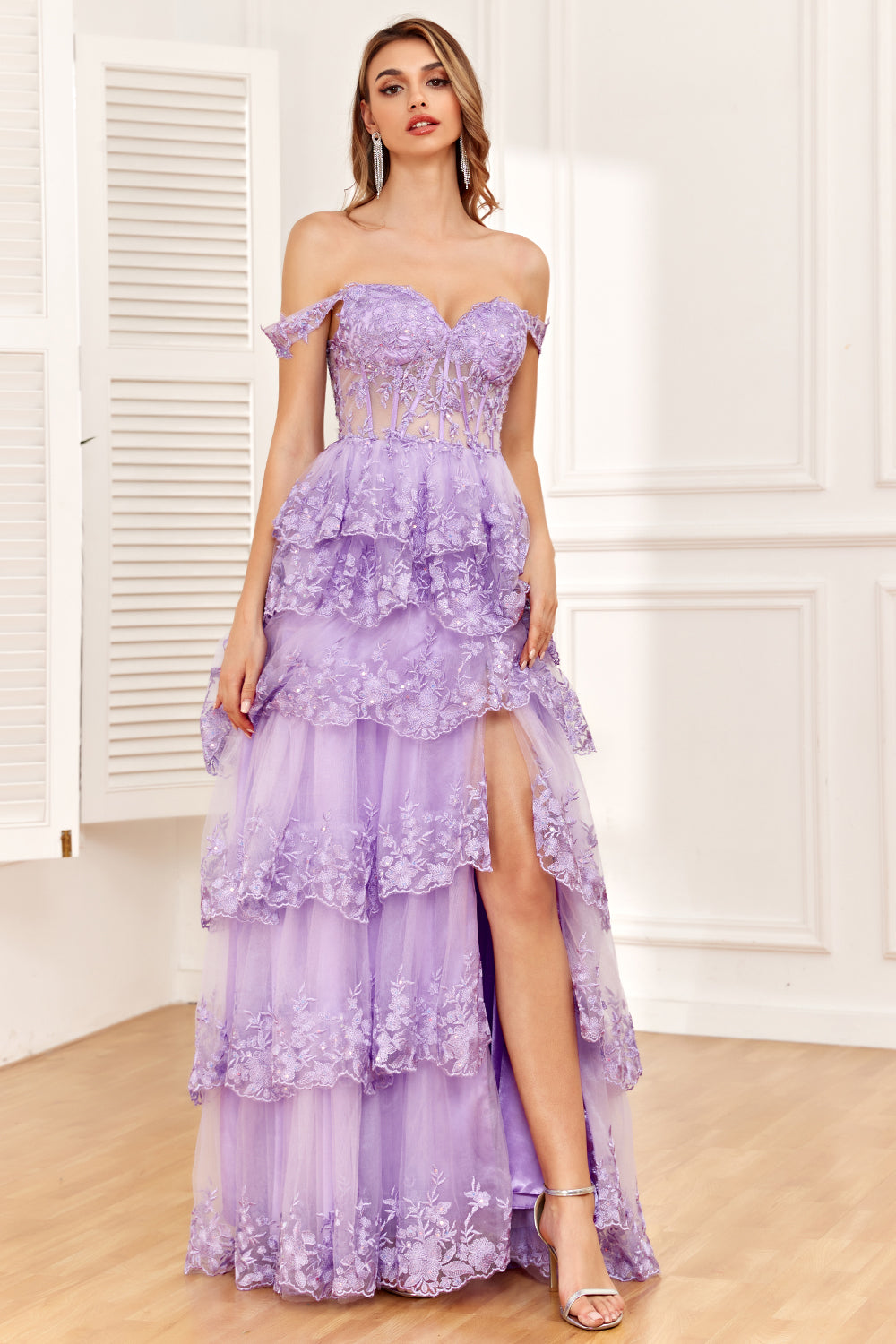 Sparkly A Line Long Off The Shoulder Sequin Black Tiered Long Prom Dress with Slit - Fashionpara