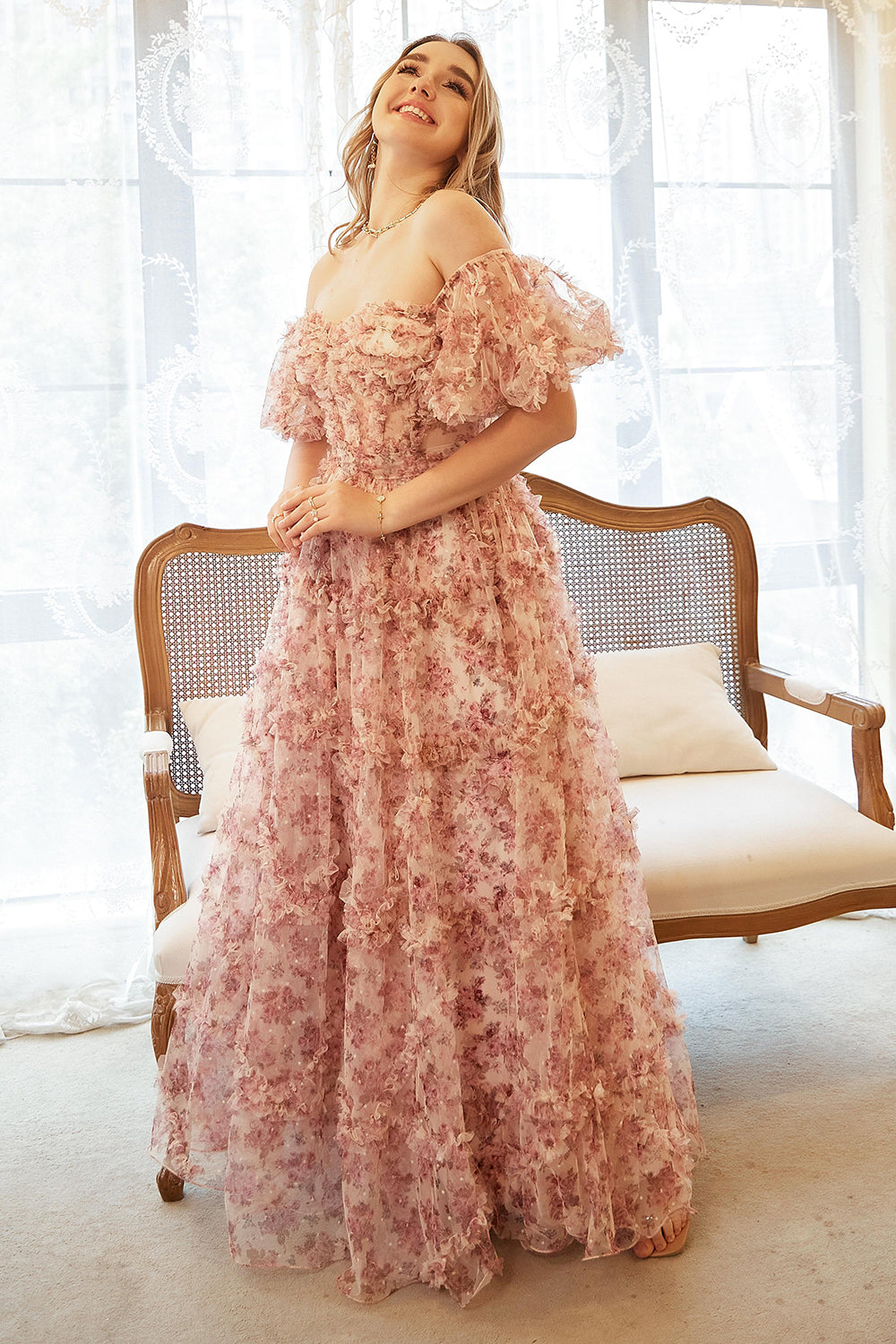 A Line Off the Shoulder Ivory Red Flower Plus Size Prom Dress - Fashionpara