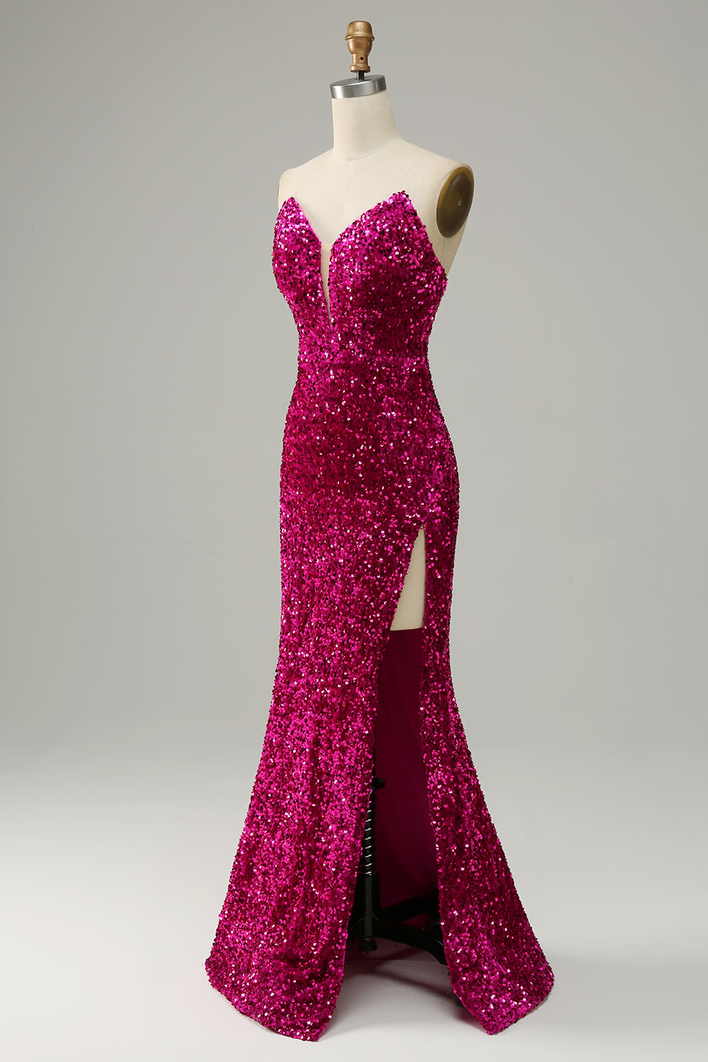 Hot Pink Strapless Sequin Prom Dress with Slit - Fashionpara