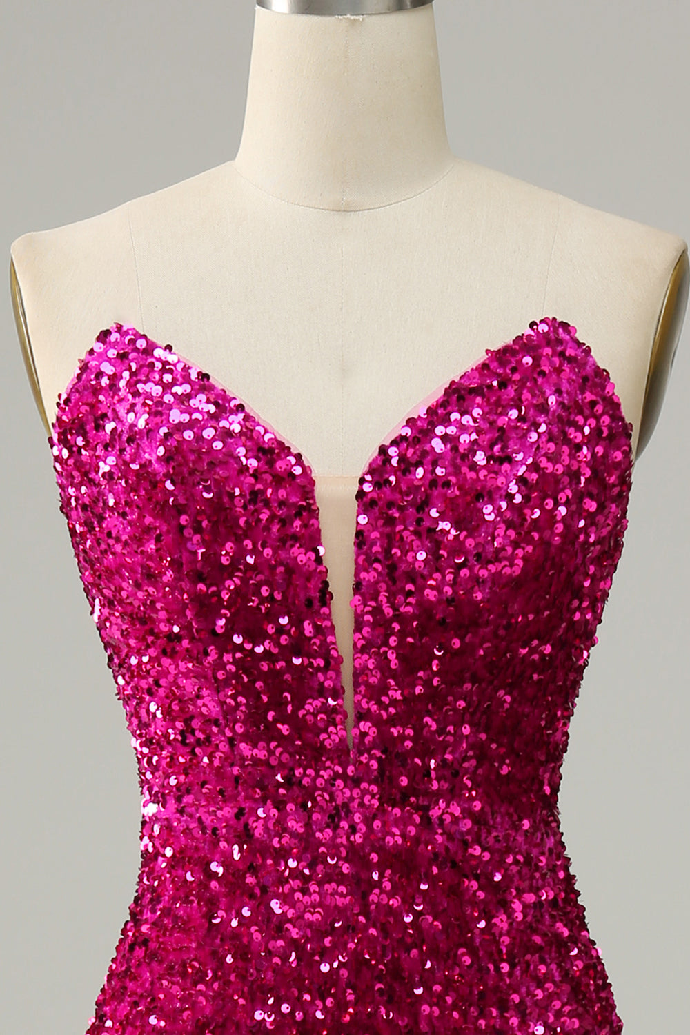 Hot Pink Strapless Sequin Prom Dress with Slit - Fashionpara