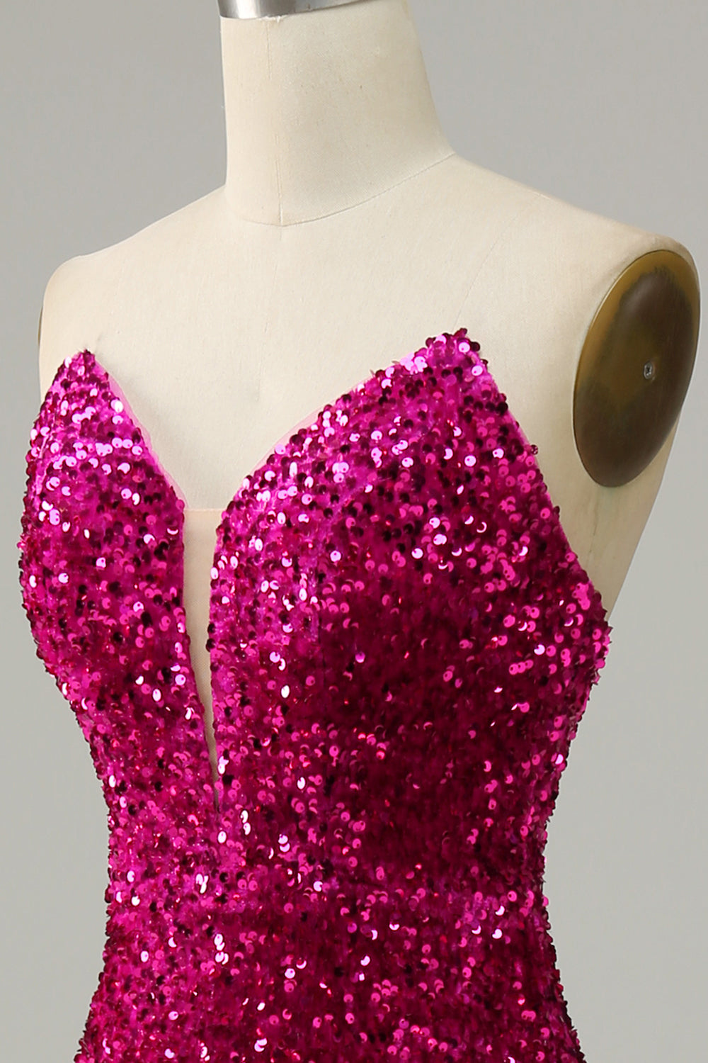 Hot Pink Strapless Sequin Prom Dress with Slit - Fashionpara