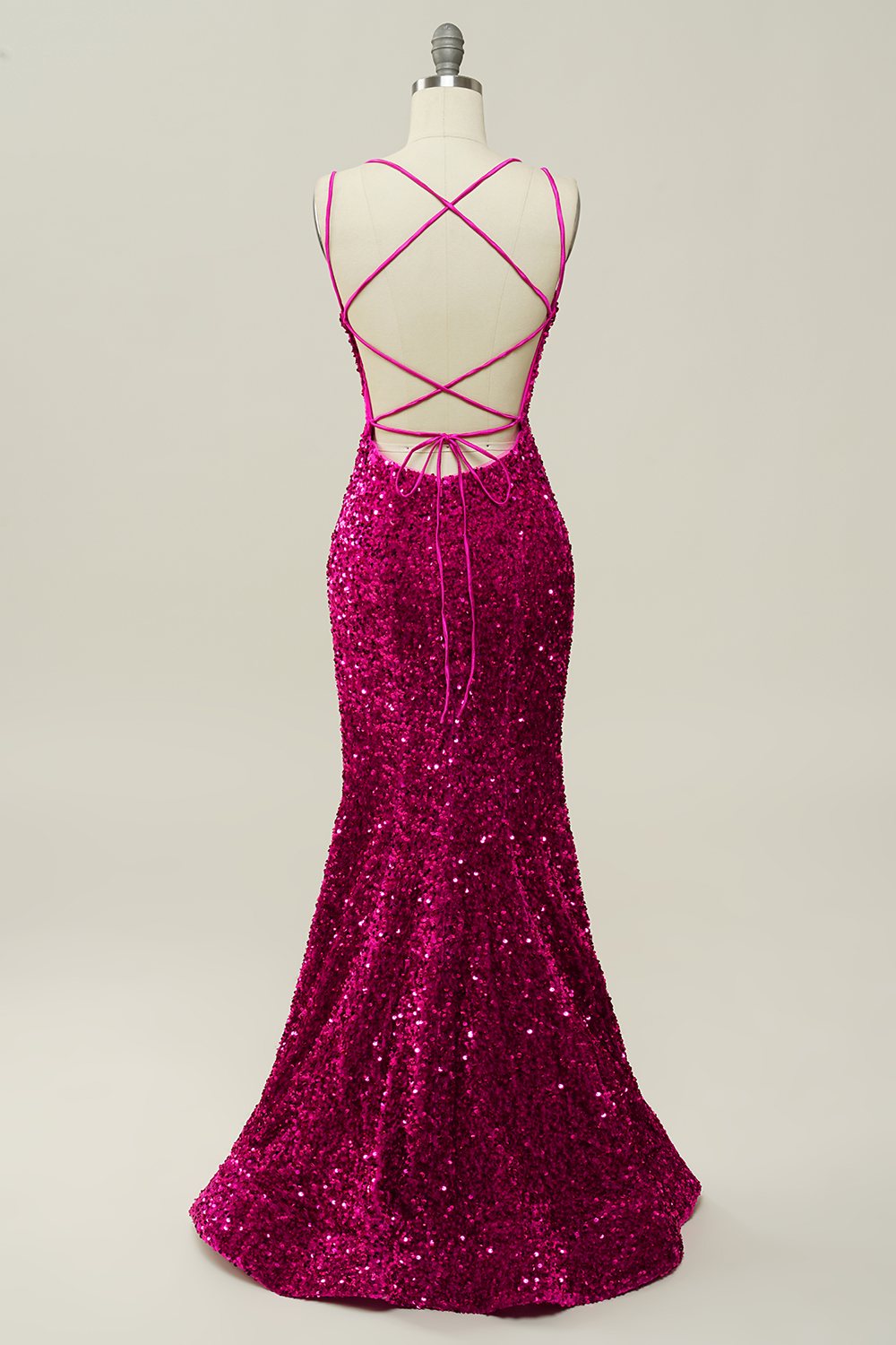 Hot Pink Sequin Spaghetti Straps Mermaid Prom Dress with Lace-up Back - Fashionpara