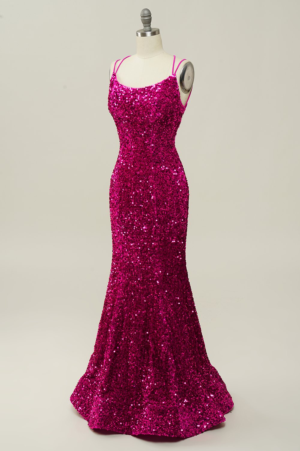 Hot Pink Sequin Spaghetti Straps Mermaid Prom Dress with Lace-up Back - Fashionpara