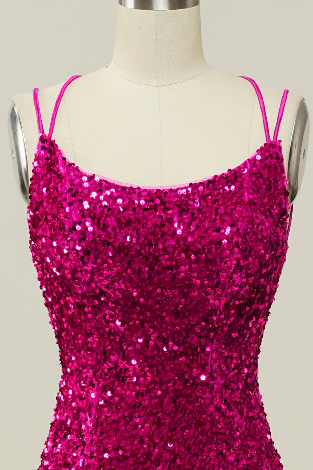 Hot Pink Sequin Spaghetti Straps Mermaid Prom Dress with Lace-up Back - Fashionpara
