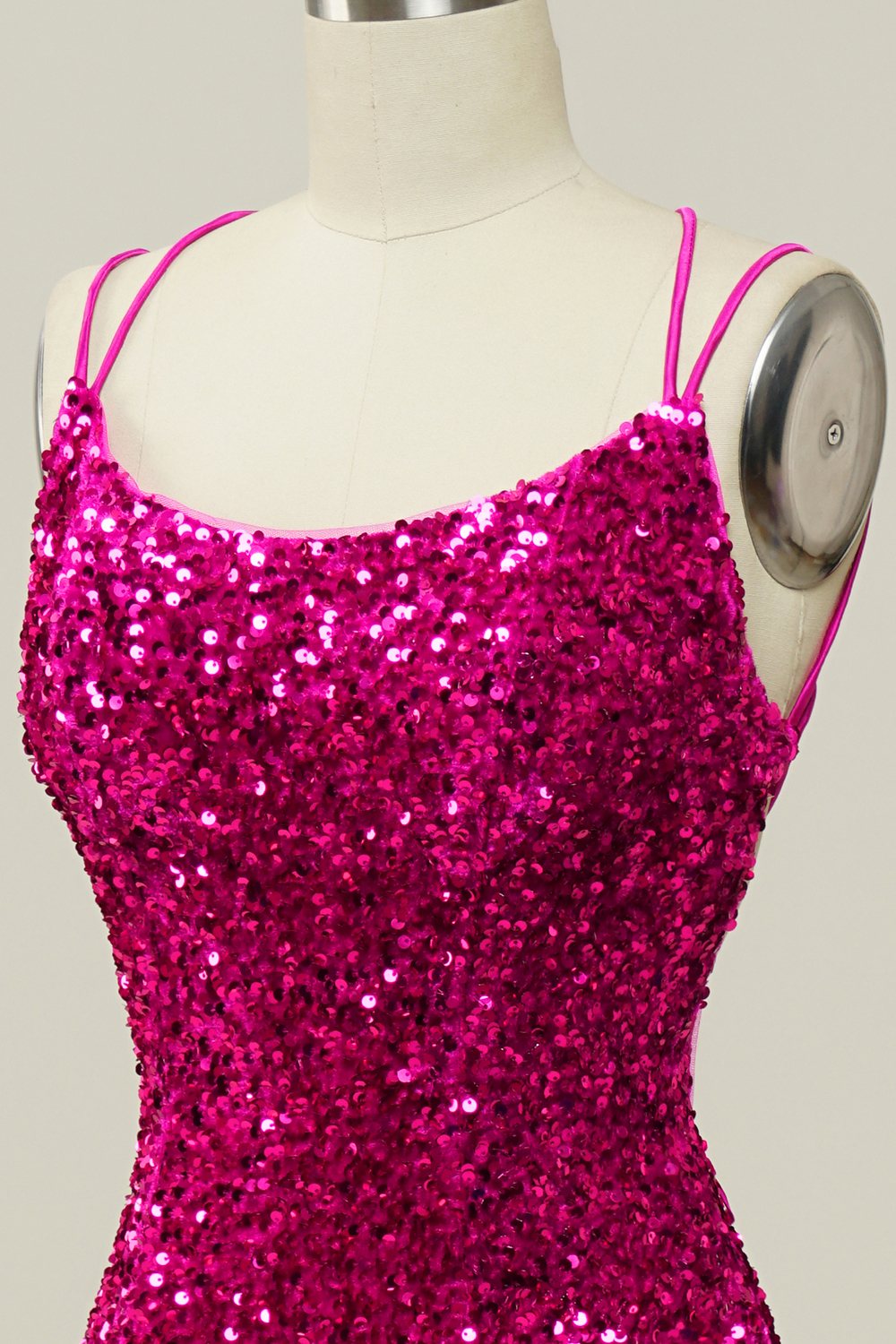 Hot Pink Sequin Spaghetti Straps Mermaid Prom Dress with Lace-up Back - Fashionpara