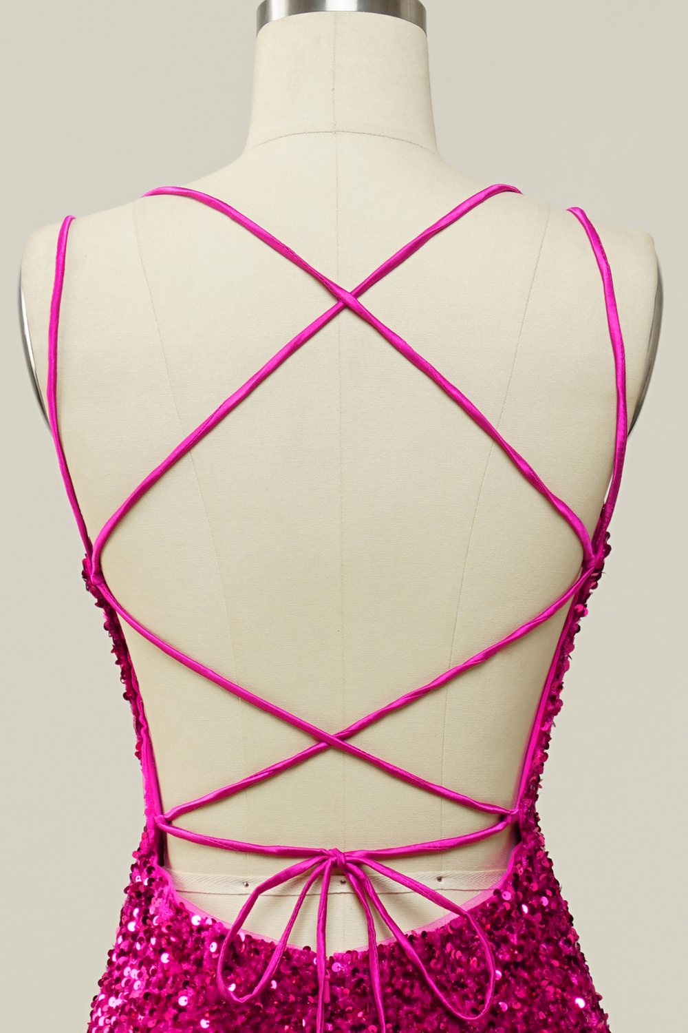 Hot Pink Sequin Spaghetti Straps Mermaid Prom Dress with Lace-up Back - Fashionpara