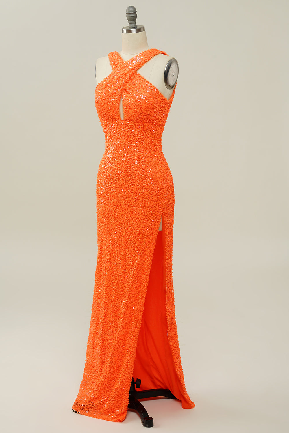 Orange Halter Sequined Backless Mermaid Prom Dress - Fashionpara