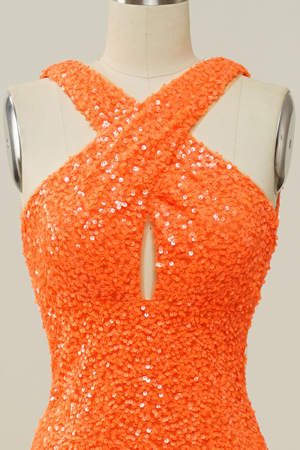 Orange Halter Sequined Backless Mermaid Prom Dress - Fashionpara