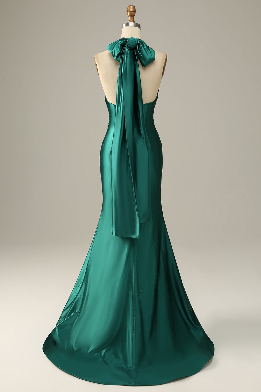 Dark Green Halter Lace Up Mermaid Prom Dress With Slit - Fashionpara
