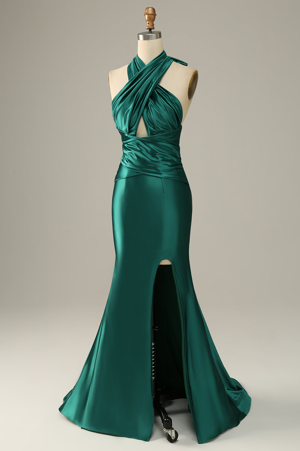 Dark Green Halter Lace Up Mermaid Prom Dress With Slit - Fashionpara