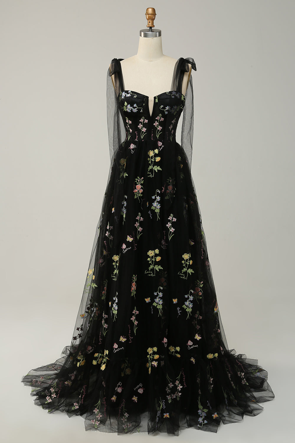 Lavender Tulle A Line Corset Plus Size Prom Dress with Embroidered - Fashionpara