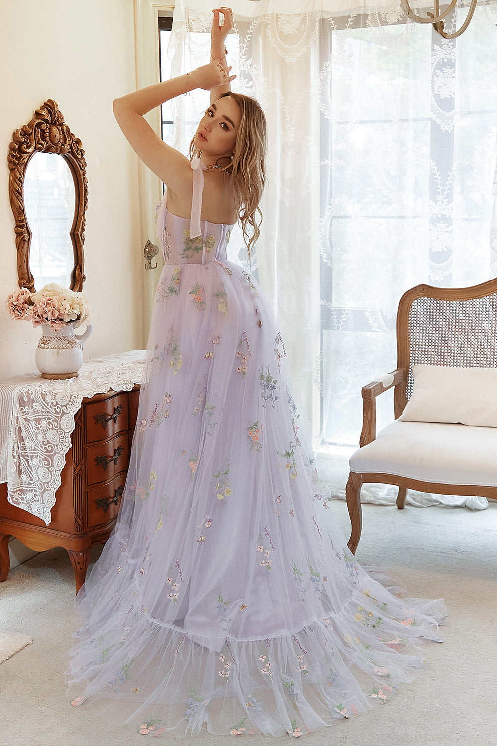 Lavender Tulle A Line Corset Plus Size Prom Dress with Embroidered - Fashionpara